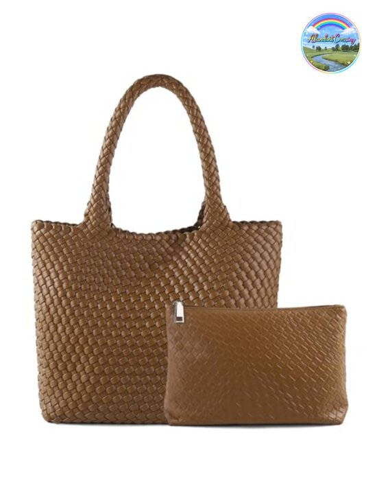 Handbags - Hand Woven Vegan Leather Tote Bag with Magnetic Closure